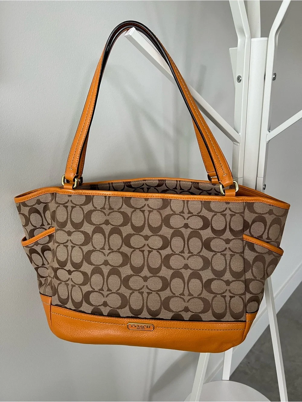 Coach Signature Carrie Canvas Tote with Orange Trim